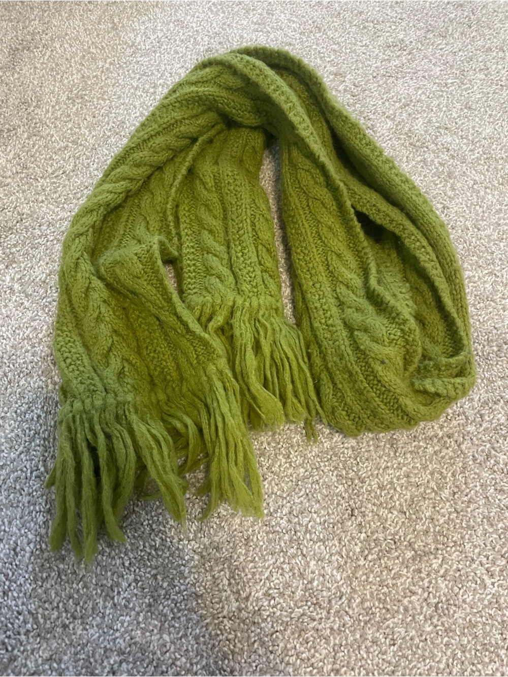 Cozy Bright Olive Green Cable Knit Fringe Scarf Wool Blend